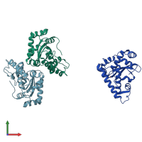 PDB entry 1dt0 coloured by chain, front view.