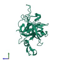 PDB entry 1dt2 coloured by chain, side view.