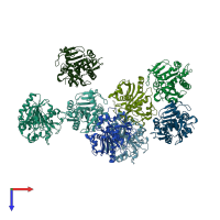 PDB entry 1dt5 coloured by chain, top view.