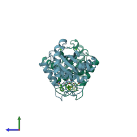 PDB entry 1dth coloured by chain, side view.