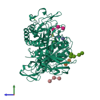 PDB entry 1dtu coloured by chain, side view.