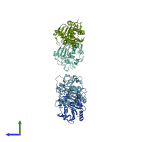 PDB entry 1du4 coloured by chain, side view.