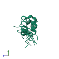 PDB entry 1dv0 coloured by chain, ensemble of 18 models, side view.