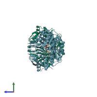 PDB entry 1dv2 coloured by chain, side view.