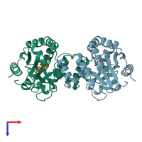 PDB entry 1dvr coloured by chain, top view.