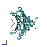PDB entry 1dvu coloured by chain, side view.