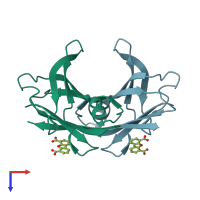 PDB entry 1dvu coloured by chain, top view.