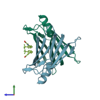 PDB entry 1dvz coloured by chain, side view.