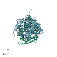 PDB entry 1dwp coloured by chain, side view.