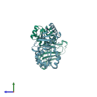 PDB entry 1dwu coloured by chain, side view.