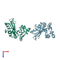 PDB entry 1dwu coloured by chain, top view.