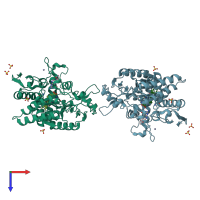 PDB entry 1dww coloured by chain, top view.