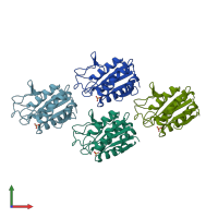 PDB entry 1dx9 coloured by chain, front view.
