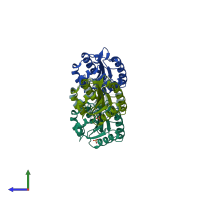 PDB entry 1dx9 coloured by chain, side view.