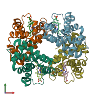 PDB entry 1dxt coloured by chain, front view.