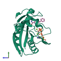 PDB entry 1dy3 coloured by chain, side view.