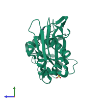 PDB entry 1dyq coloured by chain, side view.