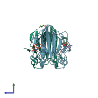 PDB entry 1dzt coloured by chain, side view.