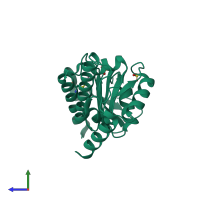PDB entry 1dzu coloured by chain, side view.