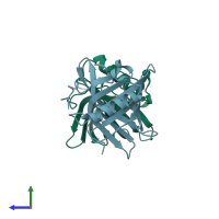 PDB entry 1e02 coloured by chain, side view.