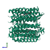 Homo trimeric assembly 1 of PDB entry 1e0p coloured by chemically distinct molecules, side view.
