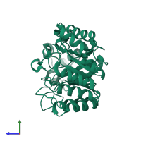 PDB entry 1e0w coloured by chain, side view.