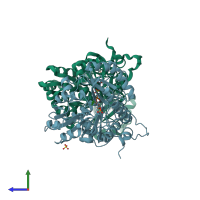 PDB entry 1e5f coloured by chain, side view.