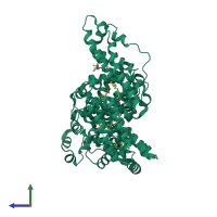 Monomeric assembly 1 of PDB entry 1e7c coloured by chemically distinct molecules, side view.