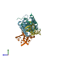 PDB entry 1e7k coloured by chain, side view.