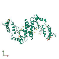 Homo dimeric assembly 1 of PDB entry 1e7l coloured by chemically distinct molecules, front view.