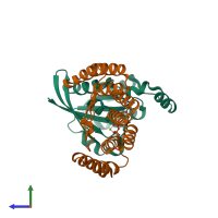 PDB entry 1e96 coloured by chain, side view.