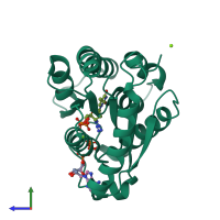 PDB entry 1e9b coloured by chain, side view.