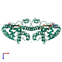 Homo dimeric assembly 1 of PDB entry 1e9c coloured by chemically distinct molecules, top view.