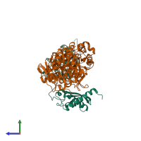 PDB entry 1e9z coloured by chain, side view.