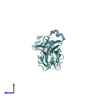 PDB entry 1eaq coloured by chain, side view.