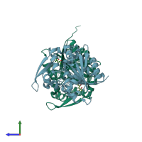 PDB entry 1eb8 coloured by chain, side view.