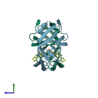 PDB entry 1ec1 coloured by chain, side view.