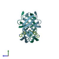 PDB entry 1ec2 coloured by chain, side view.