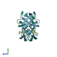 PDB entry 1ec3 coloured by chain, side view.