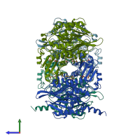 PDB entry 1ecb coloured by chain, side view.