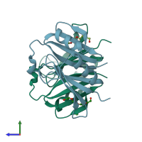 PDB entry 1ecs coloured by chain, side view.