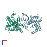 PDB entry 1eej coloured by chain, top view.