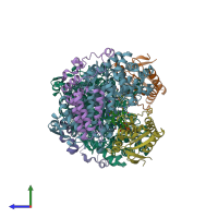 PDB entry 1eex coloured by chain, side view.