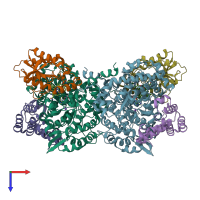 PDB entry 1eex coloured by chain, top view.
