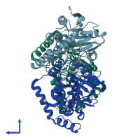 PDB entry 1ef8 coloured by chain, side view.