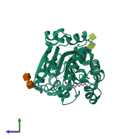 Monomeric assembly 1 of PDB entry 1eh5 coloured by chemically distinct molecules, side view.