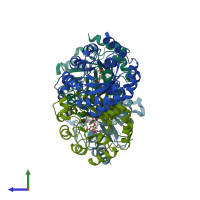 PDB entry 1eix coloured by chain, side view.