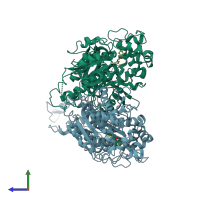 PDB entry 1ek1 coloured by chain, side view.