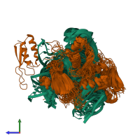 PDB entry 1ekz coloured by chain, ensemble of 36 models, side view.