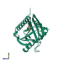 PDB entry 1em2 coloured by chain, side view.